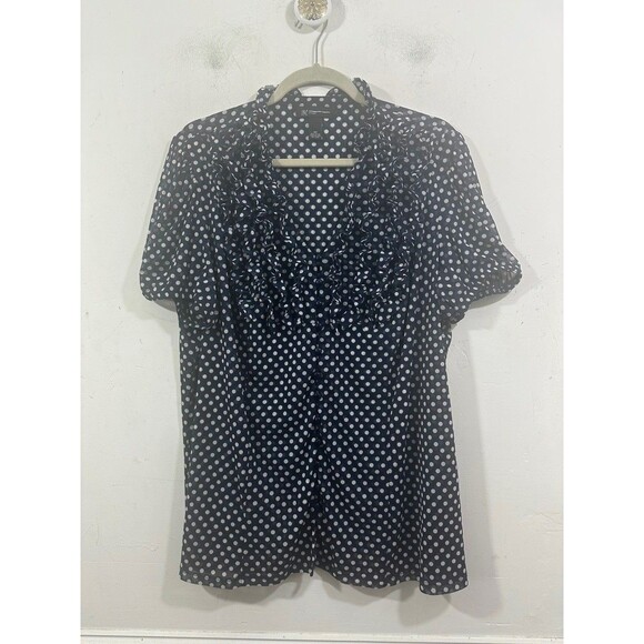 INC International Concept 2X Navy White Polka Dot Short Sleeve Ruffle Neck Sheer - Picture 1 of 11
